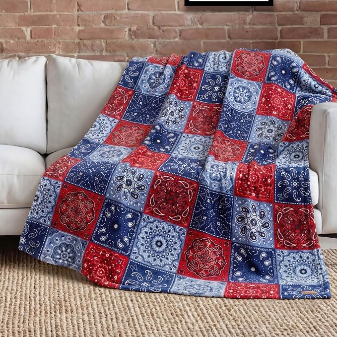 Lucky Brand 50" x 70" Plush Throw Blanket, Bandanny Blue/Red | Blanket for Sofa or Bed