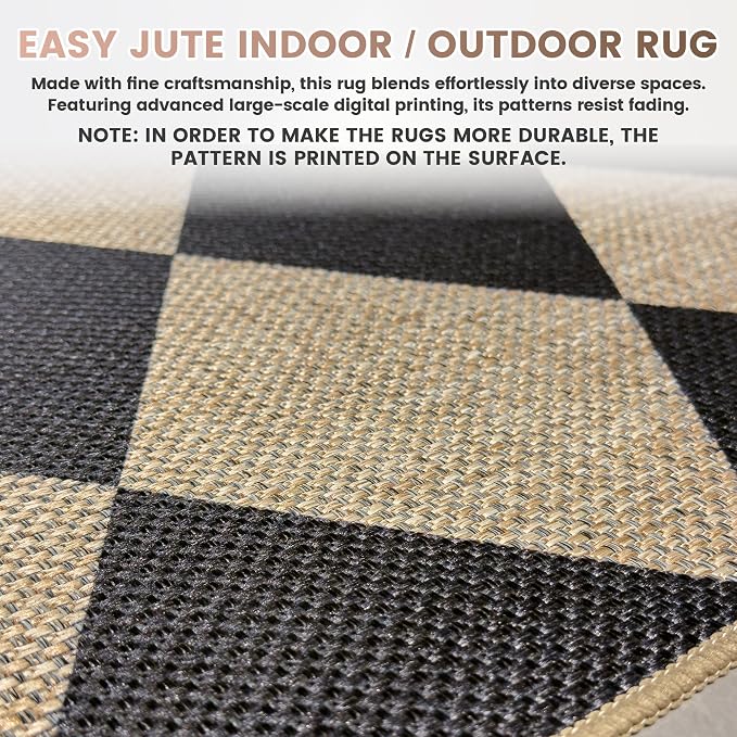 Washable Checkered Easy Jute Runner Rug, 2x6 Black Diamond Checkerboard Boho Geometric Outdoor Indoor Patio Rug, Low Pile Lightweight Non Slip Long Runner Carpet for Hallway Kitchen 6ft Entryway Porch