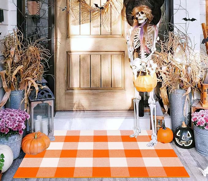Cotton Buffalo Plaid Outdoor Rug 24'' x 35'' Orange and White Layered Doormat,Halloween Front Door Mat Outdoor,Farmhoue Woven Washable Checkered Rug for Porch, Entryway, Farmhouse, Autumn, Halloween