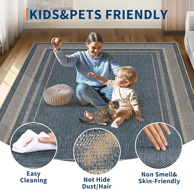 GarveeHome 9x12 Large Area Rug for Living Room Easy Jute Modern Rugs | Non Slip Low Pile Neutral Bordered Solid Tan Dining Room Rugs Washable Carpet for Bedroom Home Office Decor, Blue