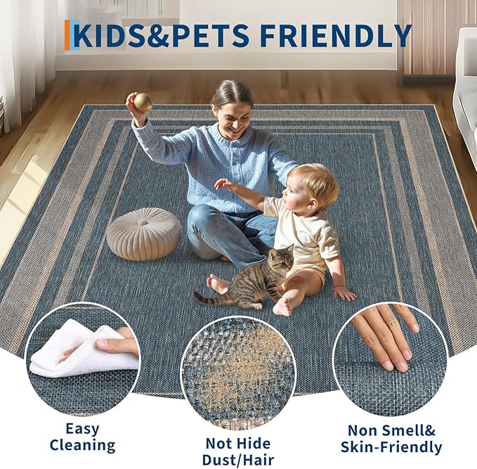 GarveeHome 2x3 Small Easy Jute Area Rugs Washable Neutral Door Mat | Indoor Non Slip Living Room Throw Carpet Stain Resistant Modern Solid Bedroom Rugs for Entryway Nursery Kitchen Dorm, Blue
