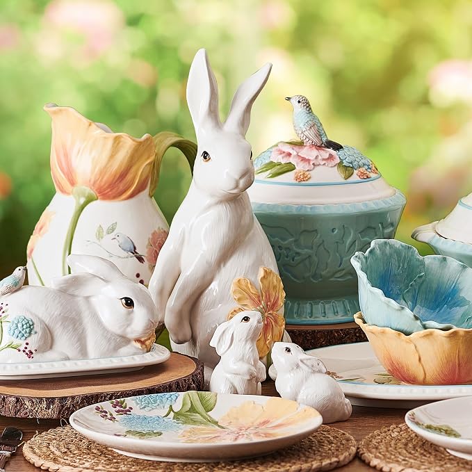 Fitz and Floyd Meadow Rabbit Ceramic Decorative Resting Figurine, 10 Inch