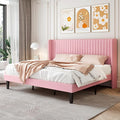 SHA CERLIN King Size Velvet Bed Frame, Tufted Wingback Headboard, Pink | 47'' Modern Vertical Channel Headboard, Upholstered Platform Bed, Wood Slats, No Box Spring Needed, Easy Assembly, Noise Free