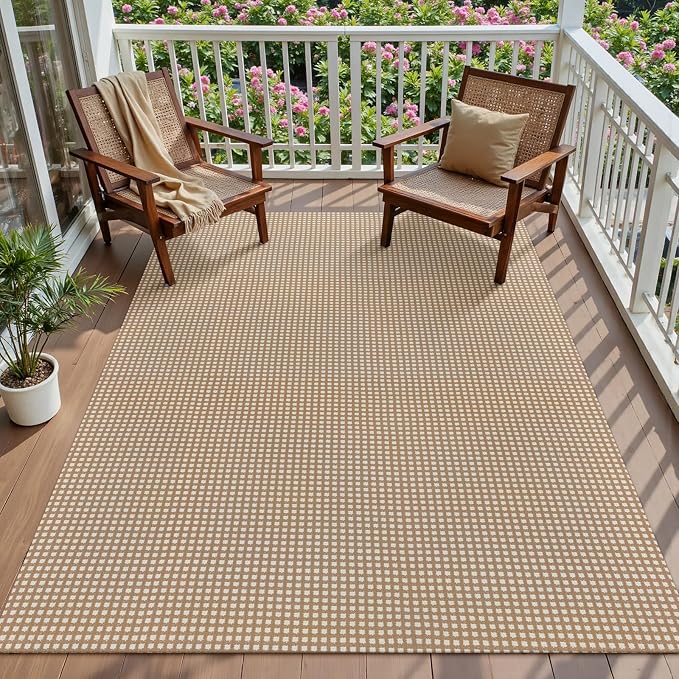 Rugalia Washable Woven 5x7 Area Rug, Camel Natural Cotton Living Room Rugs Low Plie Non-Slip Outdoor Patio Rug, Modern Farmhouse Neutral Plaid Floor Carpet for Dining Room Bedroom Balcony
