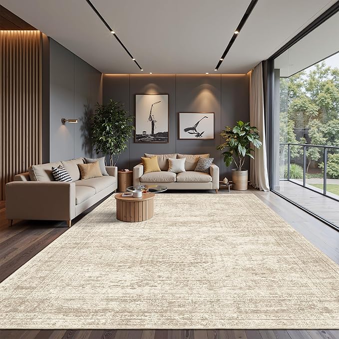 Soalmost 10x14 Area Rugs for Living Room, Non Slip Machine Washable Vintage Rugs, Low Pile Lightweight Large Rug for Bedroom, Dining Room, Home Office Beige
