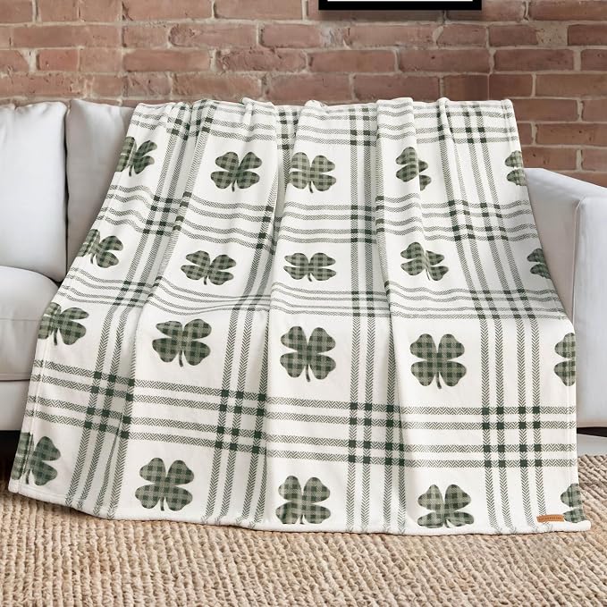 Lucky Brand 50" x 70" Plush Throw Blanket, Clover Gingham Plaid Sage Green Blanket for Sofa or Bed