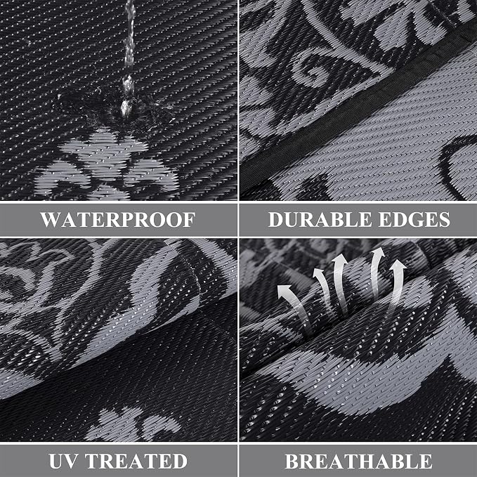 Pauwer Outdoor Rug 6x9, Waterproof Plastic Camping Rug, Boho Black Grey | Reversible Patio Rug, UV Resistant Indoor Outdoor RV Mat Carpet For Deck, Camper, Porch, Balcony, Backyard, Picnic, Foldable