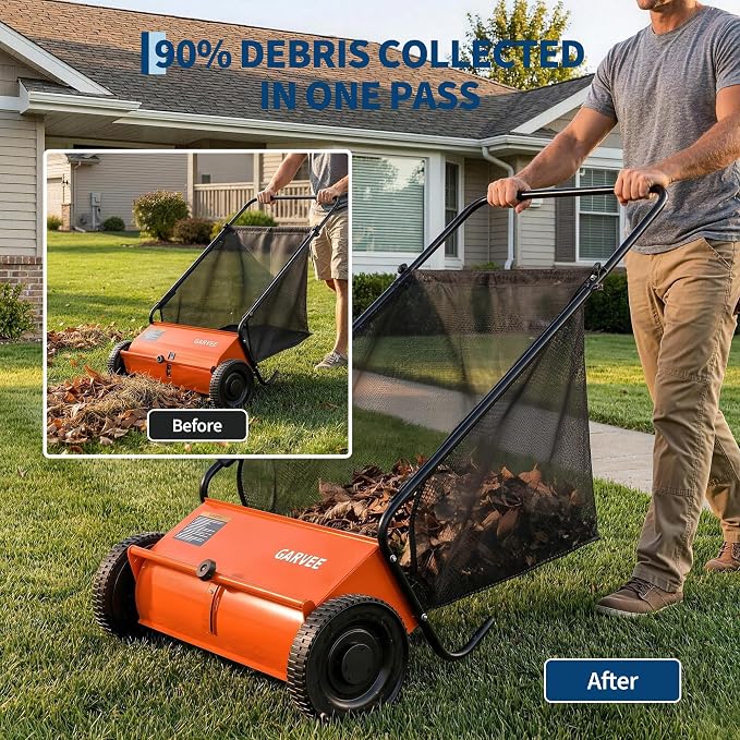 Garvee 21 Inch Push Lawn Sweeper, Walk Behind Leaf Grass Collector with 6 Cu ft Hopper Bag, Carbon Steel Frame, Yard Sweeper with Adjustable Brush Height for Garden Patio Driveway Leaves Cleanup