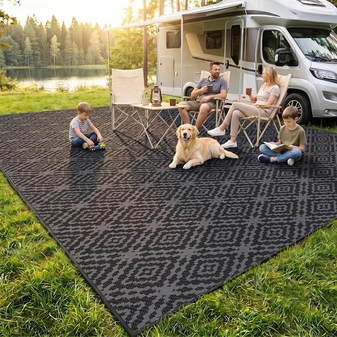 GOTGELIF Outdoor Camping Rug Waterproof 9x18FT, Large Reversible Stain&UV Resistant Plastic Straw RV Rug for Outside Patio Pool Deck Beach Indoor, Area Carpet Mat with Portable Bag&4 Stakes-Black Grey