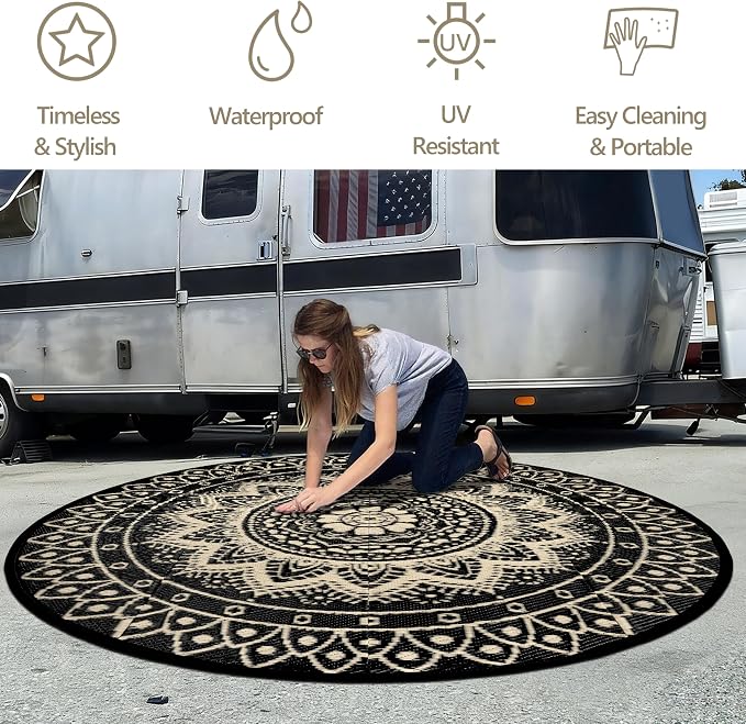 Round Outdoor Rugs for Patios, 5Ft Waterproof Reversible Plastic Straw Mat with Carry Bags, Boho Lightweight Outdoor Carpet Portable Round Floor Mat for Patio Camping Picnic Backyard RV,Black Camel