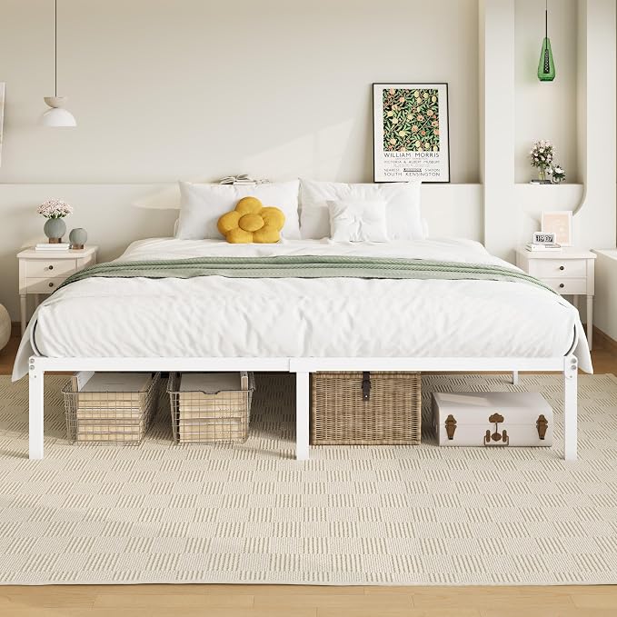 Allewie King Size Bed Frame, 14 inch Metal Beds with Storage Space, White | Heavy-Duty Metal Platform Beds, Large Under-Bed Storage Space, No Box Spring Needed, Easy Assembly