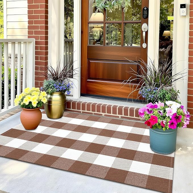 OLANLY Buffalo Plaid Rug 4' x 6' | Coffee and White Cotton Checkered Doormat, Washable Indoor Outdoor Rug for Layered Front Porch, Kitchen, Entryway Decor