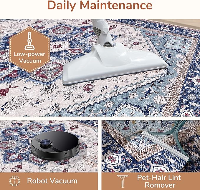 OPPODREAM Soft Entryway Rug 2x10, 2x10 Rug Runner, Washable Hallways Carpet 2 x 10 with Non Slip Backing, Low-Pile Bedside Carpet 2 x 10, Long, Faux Cashmere, Navy Blue & Red & Cream