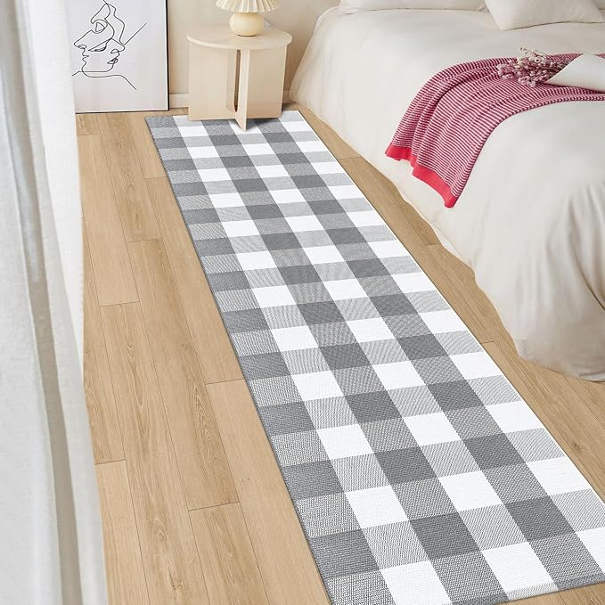 Buffalo Plaid Runner Rug 2x8 Feet Grey and White Checkered Rug Farmhouse Hallway Runners Cotton Woven Washable Carpet for Entryway Kitchen Laundry Bedroom Living Room