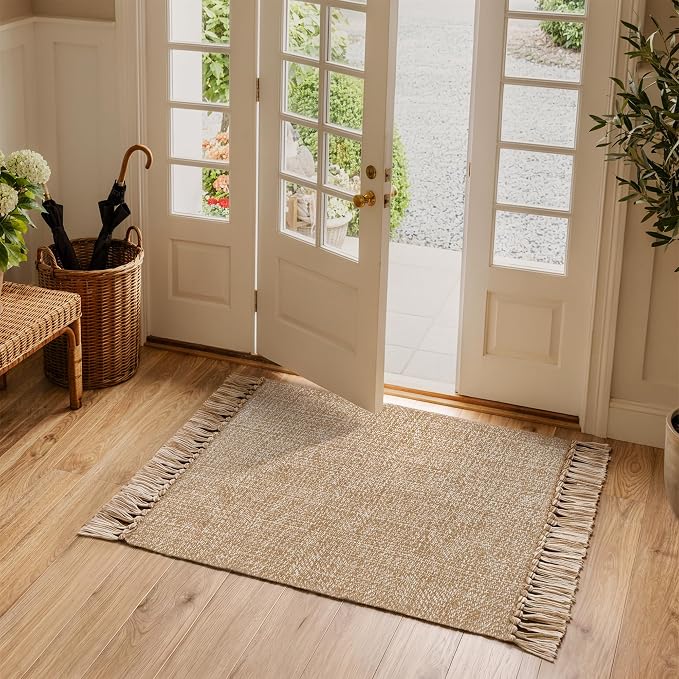 Collive 2' x 4.3' Indoor Outdoor Rug, Modern Farmhouse Kitchen Runner Rugs Hand-Woven Bathroom Mat, Tan Boho Washable Front Door Mats Reversible Entry Carpet for Laundry Bedroom Porch Decor
