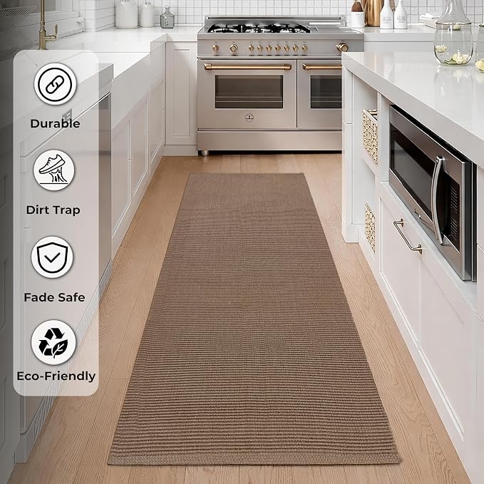 THE BEER VALLEY Woven Kitchen Runner Rug 2x6 Feet - Brown Mocha | Non Slip Outdoor Long Entry Door Runners for Hallways, Washable Indoor Bathroom Low Profile Rugs