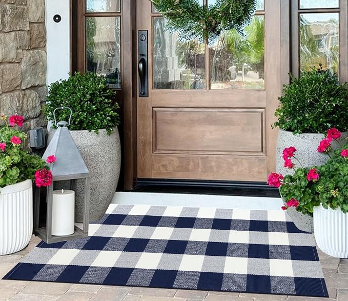 Front Porch Rug 2'X4.3' Blue and White Checkered Outdoor Rug Cotton Woven Washable Halloween Layering Door Mat for Welcome Mat Entryway Bedroom Living Room