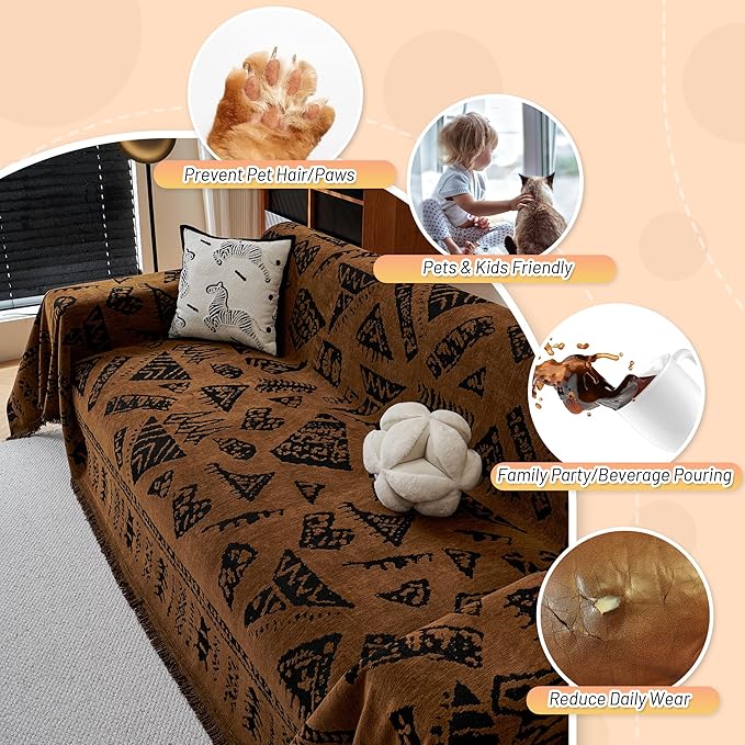 MYSKY HOME Boho Couch Cover Sofa Covers, Couch Covers for 2-3 Cushion Couch Sofa, Chenille L Shape Sectional Couch Cover- Pet-Friendly, Machine Washable, Sofa Protector for Kid, 71"x118", Coffee