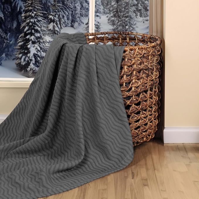 Superior JENA Cotton Blanket, for Picnic, Beach, Traveling or Camping, Bedroom Decor, Essentials, Cover for Bed, Couch, Lounging, Textured Jacquard, Modern Chevron Woven Blanket, Twin, Charcoal
