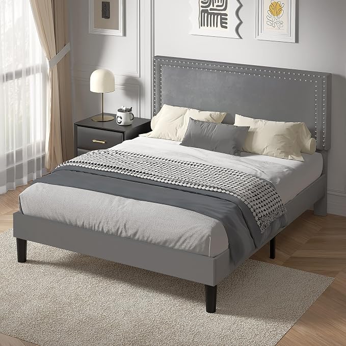 VECELO Full Size Platform Bed Frame with Height Adjustable Upholstered Headboard, Modern Mattress Foundation,Strong Wood Slat Support, No Box Spring Needed, Easy Assembly,Dark Grey