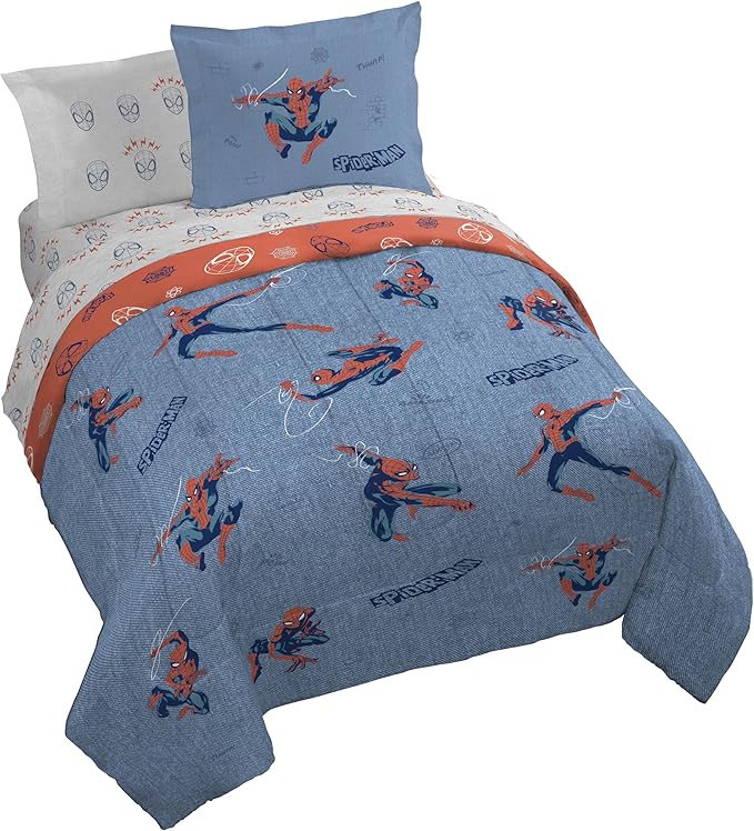 Marvel Spiderman Queen Comforter Set 7 Piece Bedding for Boys, Blue | Bed in a Bag, Comforter Sheets Shams Pillowcases, Official Product, Soft Microfiber, Machine Washable, Boys Gift