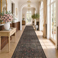 Washable 3x20 Extra Long Runner Rug for Hallway, Entryway Indoor Floor Rugs, Large Kitchen, Soft Stain Resistant Low Pile Vintage Dark Brown Floral Carpet