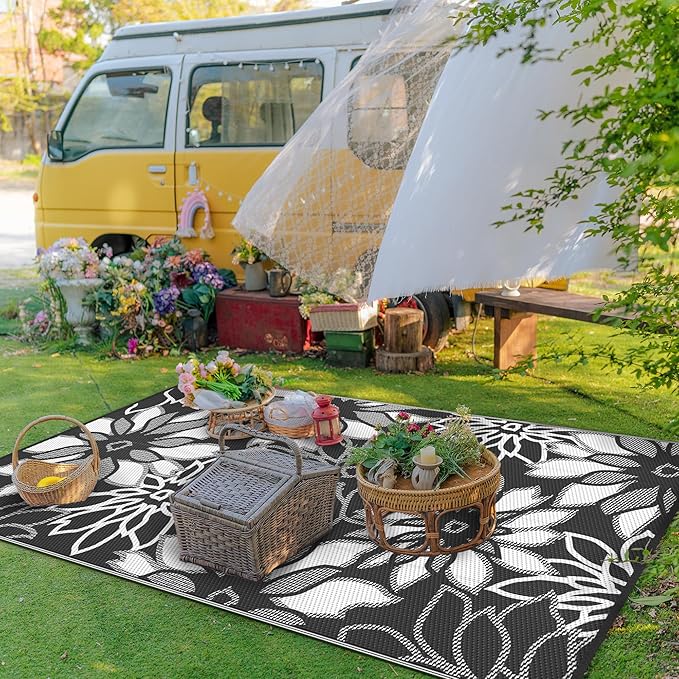GENIMO Outdoor Rug, Waterproof Plastic Rugs for Patio, 8'x10' Black White | Outside Larger Leaf Carpet Mat for Porch Decor, Deck, Balcony, Camping, RV, Backyard, Picnic, Beach, Reversible, Foldable