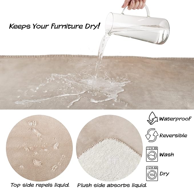 Waterproof Blanket for Pets - Reversible Throw Protects Couch, Car, and Bed from Spills, Stains, or Fur - Plush Blanket by Petmaker (Tan)