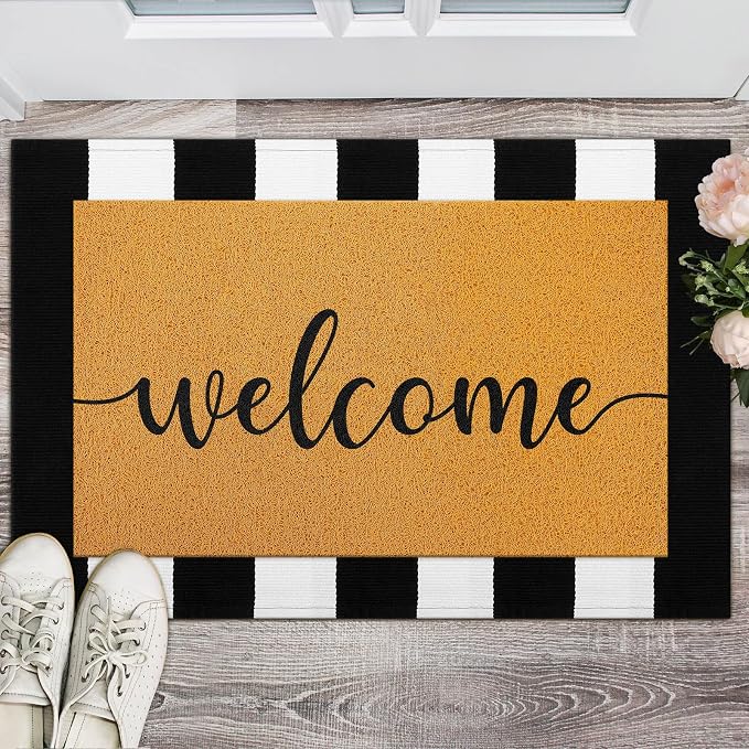 Timgle 4 Pack Hello and Welcome Doormat 30'' x 18'' Black and White Striped Rug 35'' x 24''Front Door Mats for Front Door Farmhouse Outdoor Doormats for Indoor Outside Entryway