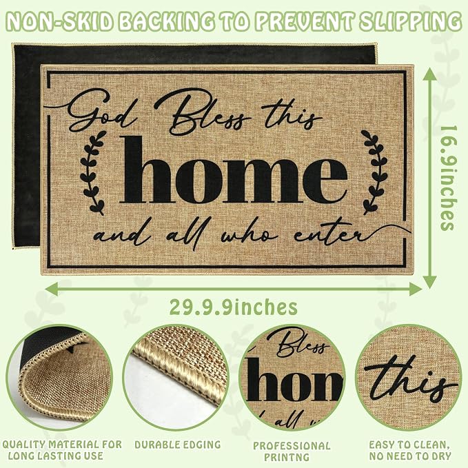 Door Mat Home Mats for Front Door Indoor Outdoor Entrance Welcome Mats with Non-Slip Backing God Bless Mat for Family Housewarming Gifts Durable Porch Hallway Floor Rugs Home Decoration 16.9"x29.9"