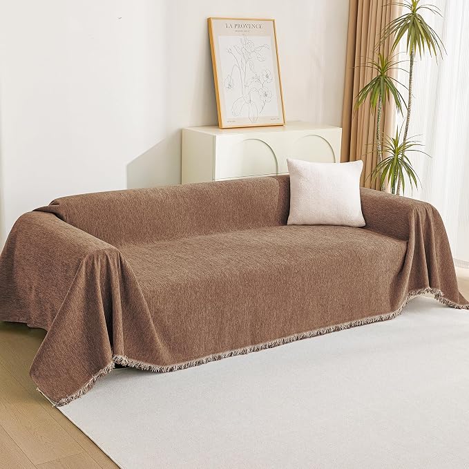 MYSKY HOME Boho Couch Cover Camel Sofa Covers with White Tassel Farmhouse Sofa Slipcover Simple Couch Protector for Dogs Chenille Sectional Couch Covers L Shaped Couch Cushion Covers, 91"x 134"
