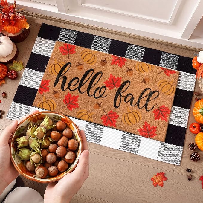 Moucuny 2 Pcs Fall Coir Doormat Outdoor Hello Fall Welcome Mat Layered Black and White Buffalo Plaid Rug for Autumn Front Porch Entryway Entrance Decor, 24'' x 35'', 16'' x 28''