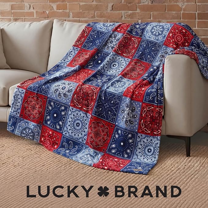 Lucky Brand 50" x 70" Plush Throw Blanket, Bandanny Blue/Red | Blanket for Sofa or Bed