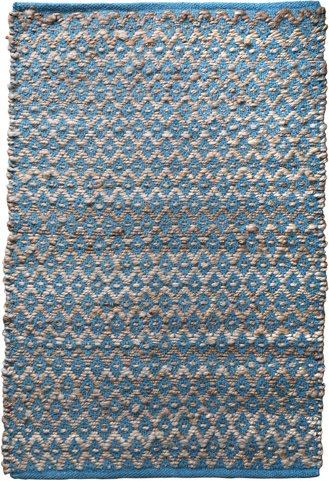 THE BEER VALLEY Jute Cotton Diamond Kitchen Rug 2x3 Feet - Natural Teal | Small Neutral Area Door mat for Entryway, Easy Clean Outdoor Indoor Boho Entry Rugs