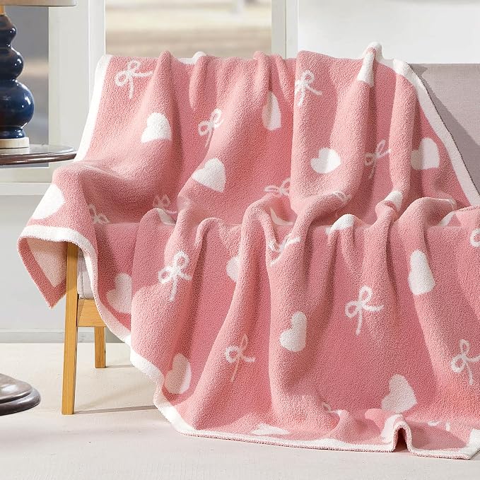 Elegant Comfort Valentine's Day Knit Throw Blanket, Hearts and Bows Super Soft Cozy Fluffy Warm Throw Blankets for Couch, Sofa, Chair, Bed, Camping, Picnic, Travel Lightweight Bed Blanket (50" x 70")