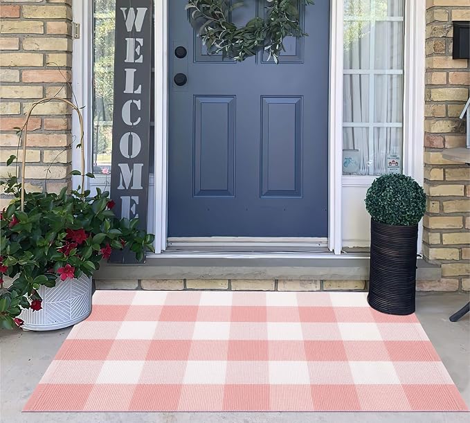 Pink and White Front Door Mat 24''X35'' Buffalo Plaid Checked Front Porch Rug Cotton Woven Washable Rug Layering Doormat for Welcome Door Mat Entryway Dining Room Bedroom Living Room
