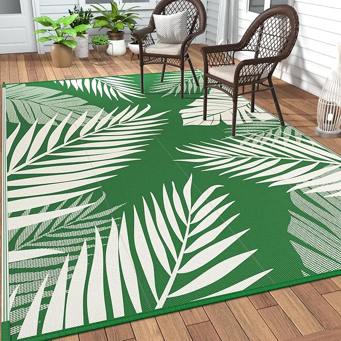 GENIMO Outdoor Rug, Waterproof Plastic Rugs 10'x14' for Camping Dark Green | Outside Larger Leaf Carpet Mat for Porch Decor, Deck, Camping, RV, Backyard, Balcony, Picnic, Beach, Reversible, Foldable