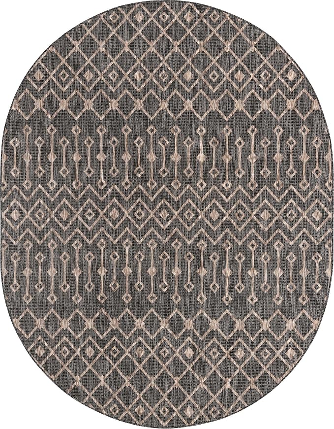 Unique Loom Outdoor Trellis Collection Area Rug - Tribal Trellis (7' 10" x 10' Oval, Charcoal Gray/ Natural)