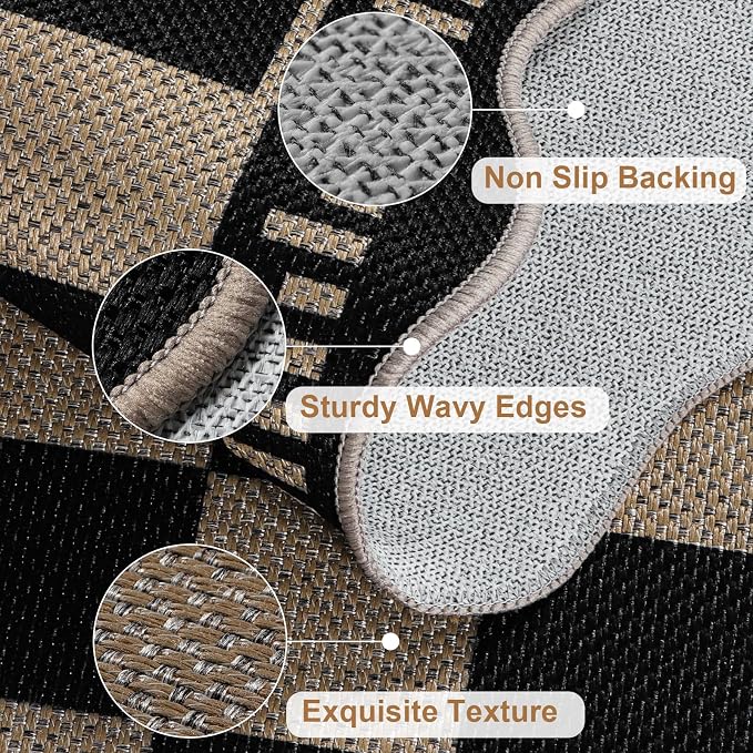 Checkered 2x6 Kitchen Runner Rug, Washable Rugs for Entryway Non Slip Outdoor Indoor Checkerboard Hallway Rug, Farmhouse Scalloped Carpet for Front Door Bedroom Laundry