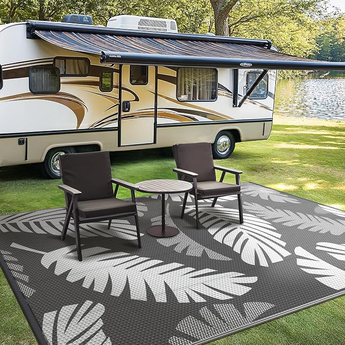GENIMO Outdoor Rug, Waterproof Plastic Rugs for Patio, 6'x9' Grey White | Outside Larger Leaf Carpet Mat for Porch Decor, Deck, Balcony, Camping, RV, Backyard, Picnic, Beach, Reversible, Foldable