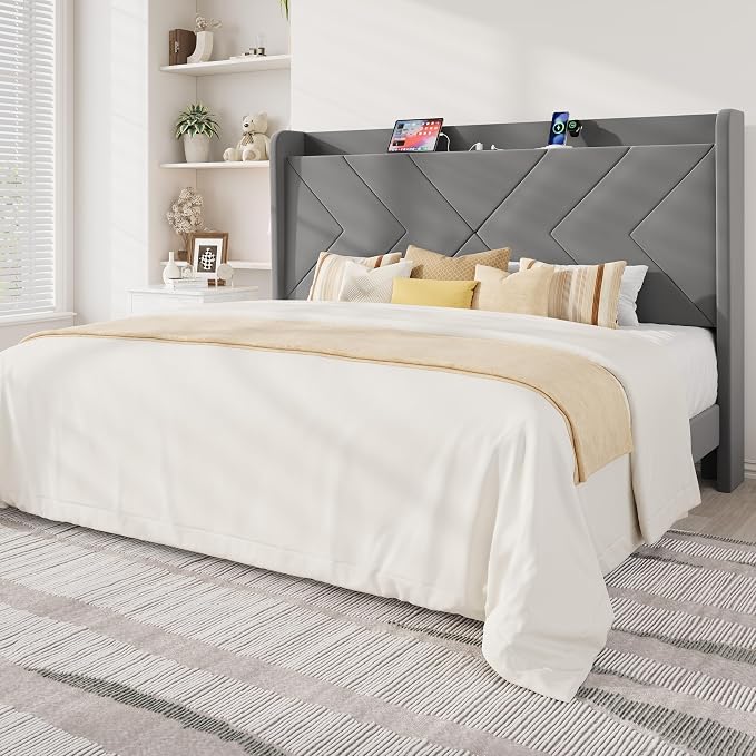 Allewie King Size Platform Bed Frame with USB Charging Station and Storage Shelf/Upholstered Velvet Wingback Headboard/Wooden Slats Support/No Box Spring Needed/Easy Assembly, Grey