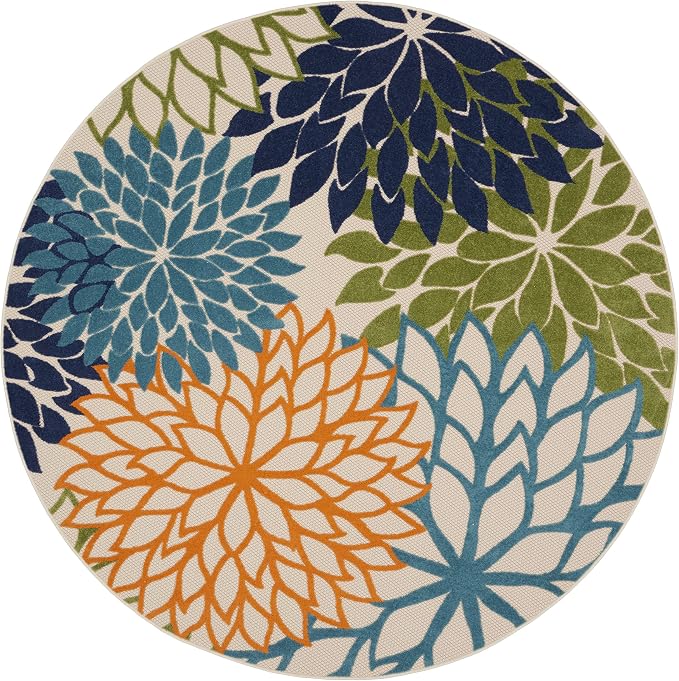 Nourison Home Aloha Indoor/Outdoor Multicolor 7'10'' x Round Area-Rug, Tropical, Botanical, Easy-Cleaning, Non Shedding, Bed Room, Living Room, Dining Room, Deck, Backyard, Patio (8 Round)
