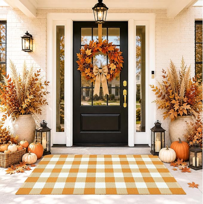 Caramel and White Buffalo Plaid Rug 3'x5', Machine Washable Layering Mat for Front Door, Entryway, Kitchen, Indoor Outdoor Low Profile Cotton Woven Check Rug