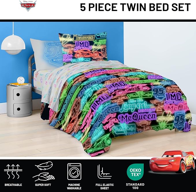 Disney Pixar Cars McQueen Twin Comforter Set 5 Piece Kids Bedding, Black | Neon Racecar, Bed in a Bag, Comforter Sheets Sham Pillowcase, Official Product, Soft Microfiber, Machine Washable, Boys Gift