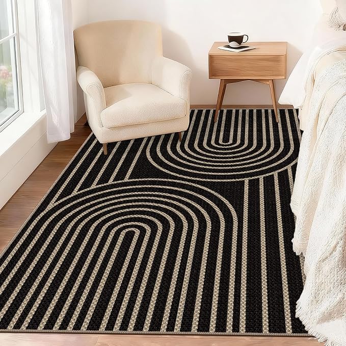 Faux Jute Rugs for Entryway, 3' x 5' Indoor Outdoor Rug, Black Farmhouse Washable Ultra-Thin Non-Slip Area Rug for Foyer, Backdoor, Living Room, Kitchen, Bedroom, Balcony
