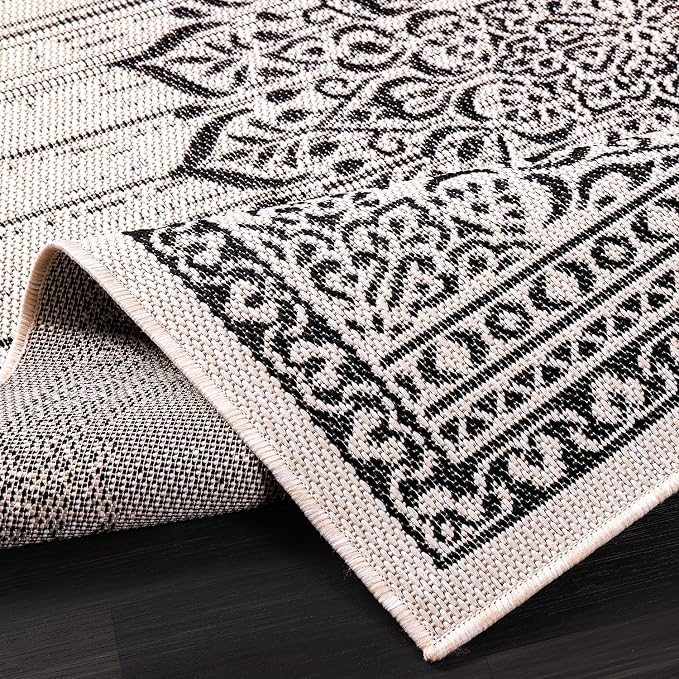 CAMILSON Outdoor Rug, 5x7 Medallion White Black Modern Area Rugs for Indoor and Outdoor Patios, Kitchen and Hallway Mats, Washable Porch Deck Outside Carpet (Medallion White, 5 x 7)
