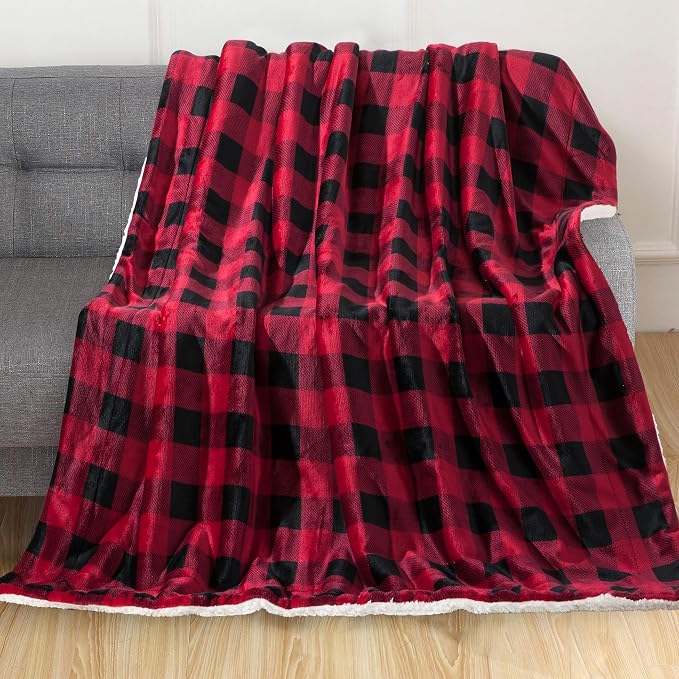 Elegant Comfort Luxury Ultra-Plush Velvet Touch Buffalo Plaid Fleece Throw - Soft, Warm, Cozy Micromink Sherpa-Backing Reversible Blanket for Bed, Sofa and Couch, Buffalo Burgundy
