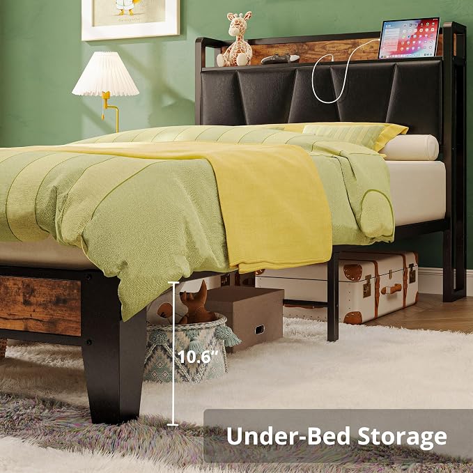 LIKIMIO Twin XL Bed Frames, Storage Headboard with Charging Station, Solid and Stable, Noise Free, No Box Spring Needed, Easy Assembly (Vintage and Black)