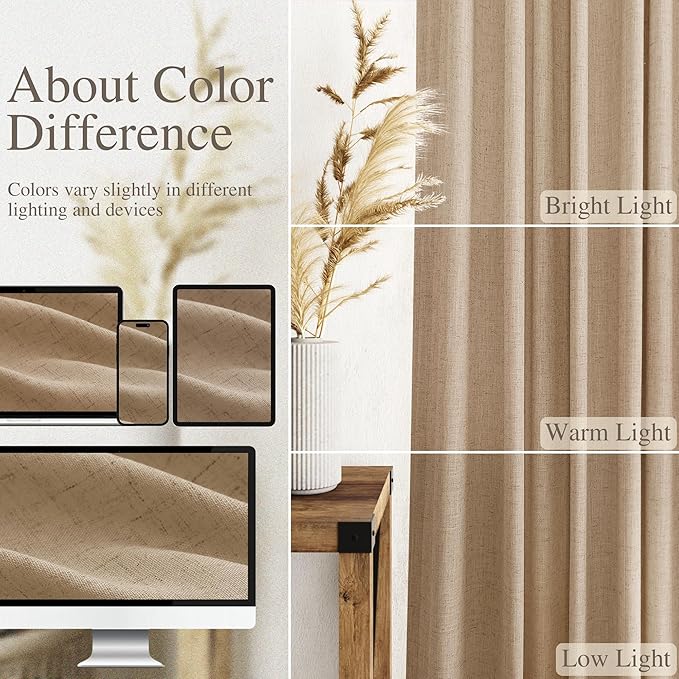 Nanspring Sand Beige Curtains 120 Inches Long for Living Room Linen Textured Simple Modern Semi Sheer Curtains Back Tab Floor to Ceiling Lightweight Curtain for Bedroom Office 52x120, 2 Panels