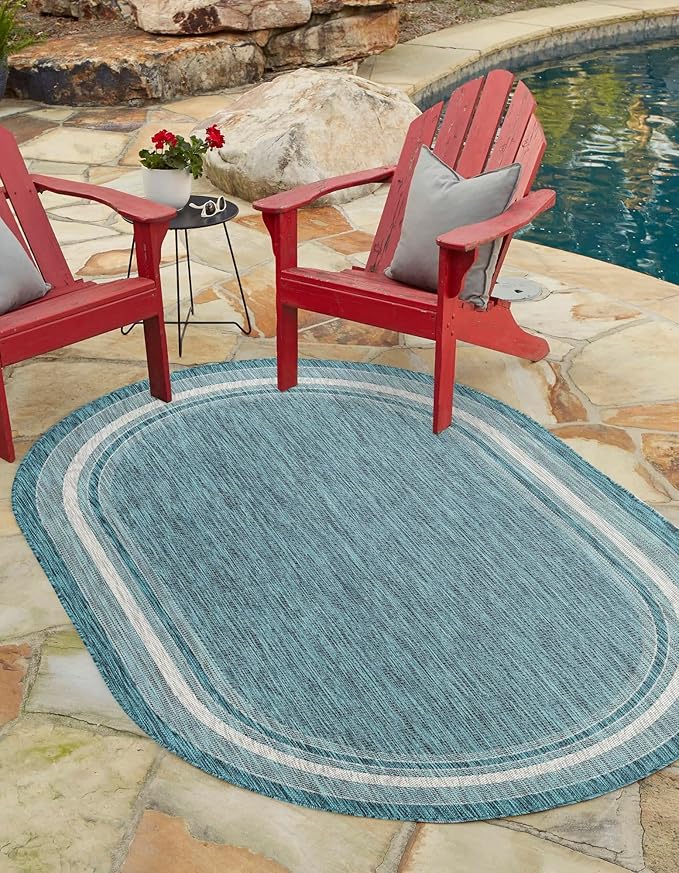 Unique Loom Outdoor Border Collection Area Rug - Soft Border (3' 3" x 5' 3" Oval, Teal/ Ivory)